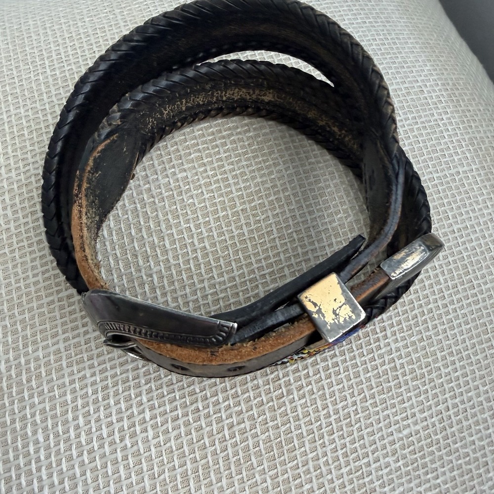 VTG Beaded Leather Belt Size 30 Southwestern Aztec Silver Buckle Country Western - Picture 9 of 16